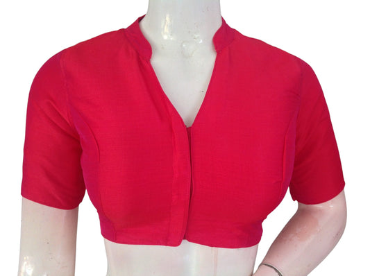 Pink semi raw silk collar neck saree blouse with cotton lining. Stitched, padded, ready to wear in sizes 34–40. Perfect for weddings & festive sarees.