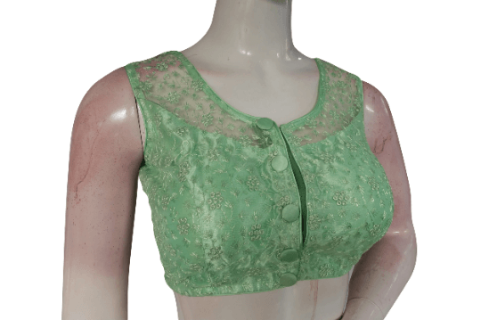 Green Color Netted Embroidery Designer Readymade Blouse - D3blouses