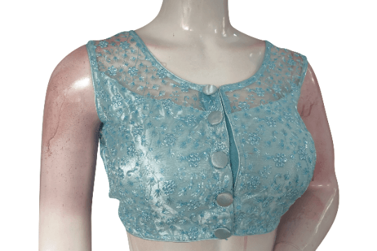 Pastel Blue Color Netted Embroidery Designer Readymade Blouse - D3blouses