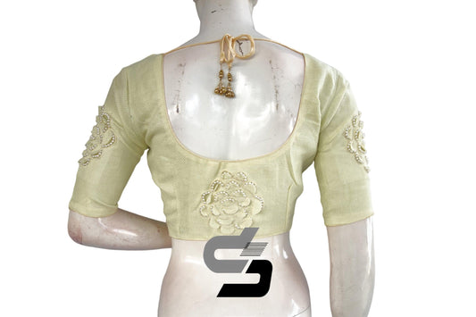 "Pastel Yellow Elegance: Designer Jute Embroidery Readymade Saree Blouses" - D3blouses