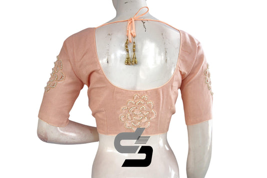 "Peach Perfection: Designer Jute Embroidery Readymade Saree Blouses" - D3blouses