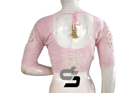 "Pastel Pink Delight: Designer Jute Embroidery Readymade Saree Blouses" - D3blouses