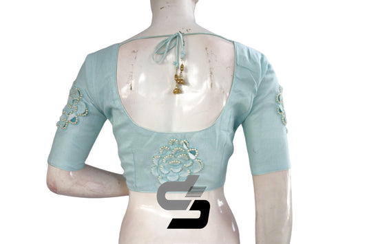 "Pastel Blue Elegance: Designer Jute Embroidery Readymade Saree Blouses" - D3blouses