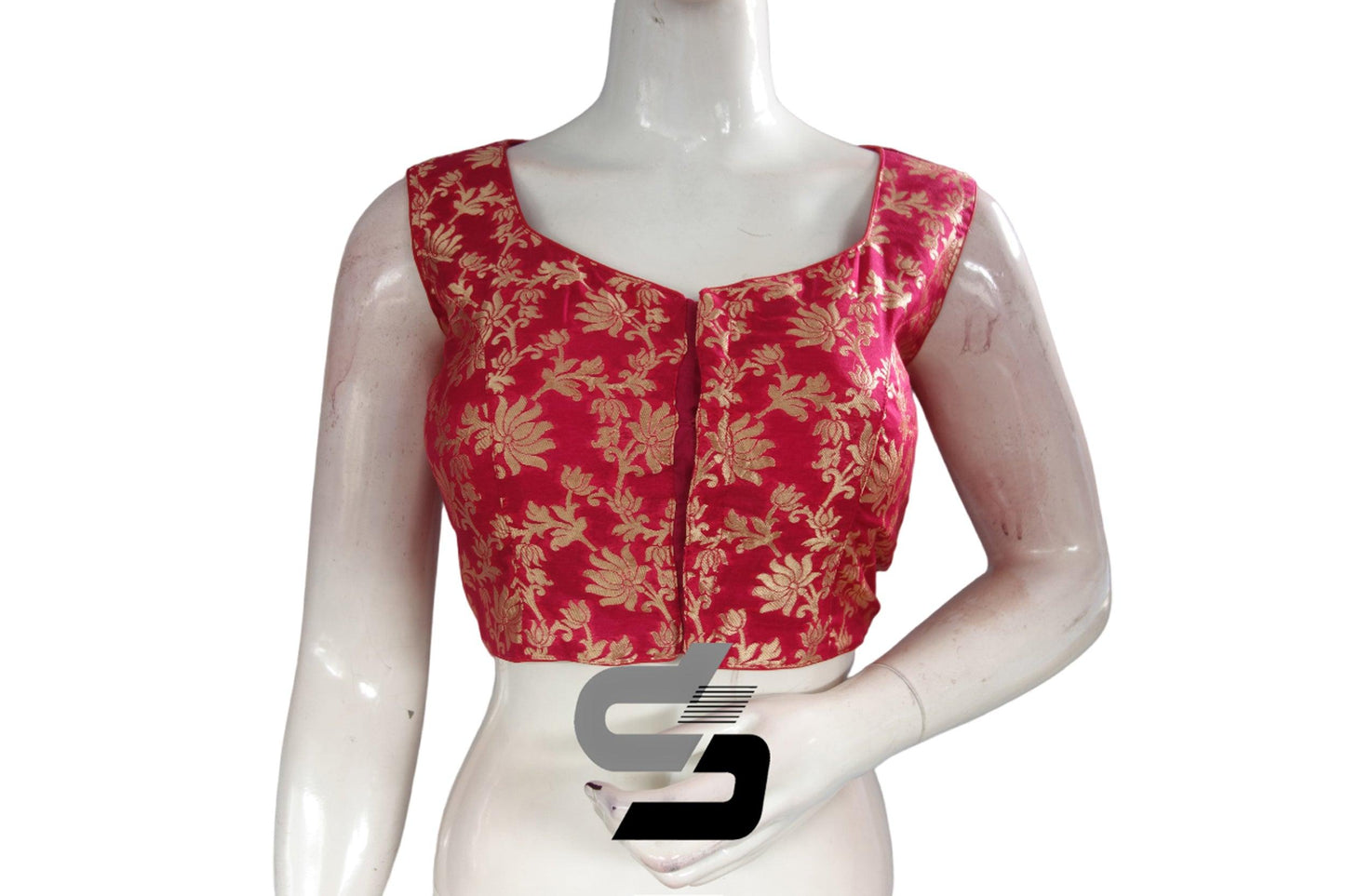 "Chic Raspberry Pink Designer High Neck Banaras Brocade Silk Readymade Saree Blouses" - D3blouses