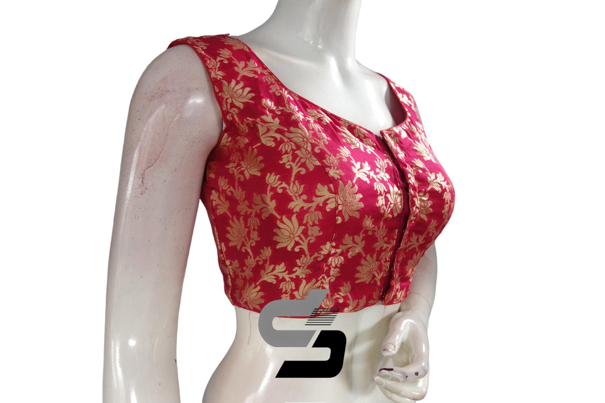 "Chic Raspberry Pink Designer High Neck Banaras Brocade Silk Readymade Saree Blouses" - D3blouses