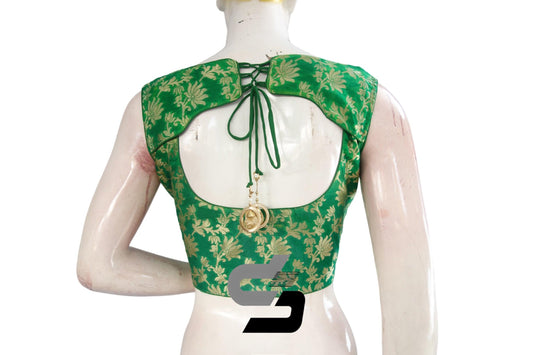 "Classy Green Designer High Neck Brocade Silk Readymade Saree Blouses" - D3blouses