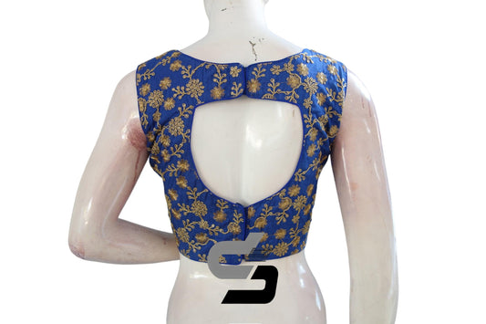 "Step into Elegance: Royal Blue Designer Semi Silk Embroidery Saree Blouses" - D3blouses