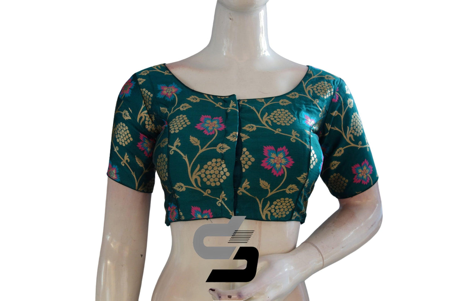 Indian Elegance: Teal Blue Color Banarasi Brocade silk Readymade saree blouse, Indian Readymade blouse, Crop top - D3blouses