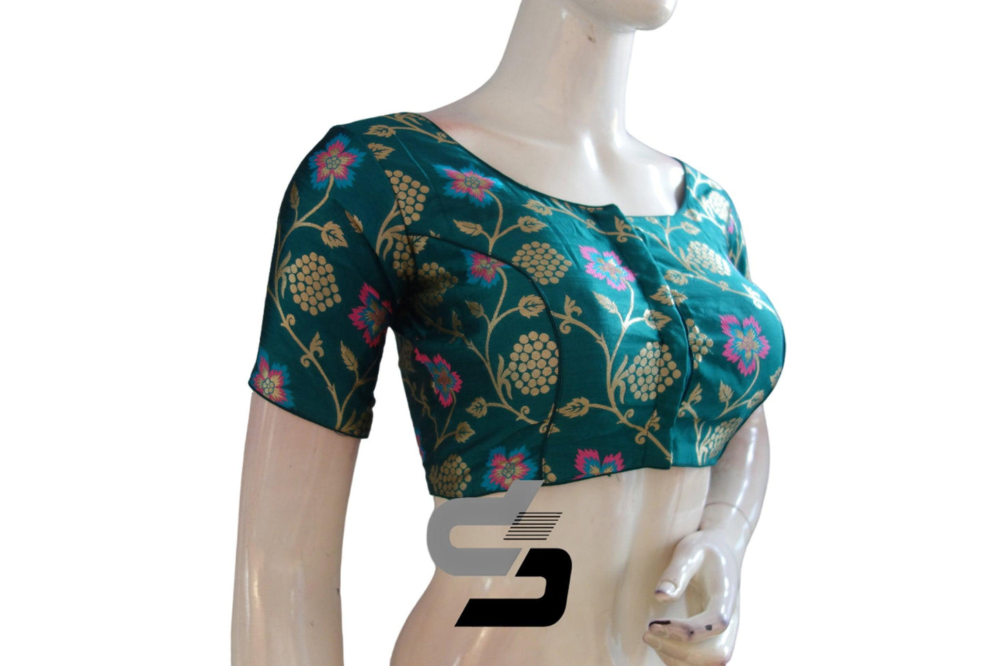 Indian Elegance: Teal Blue Color Banarasi Brocade silk Readymade saree blouse, Indian Readymade blouse, Crop top - D3blouses