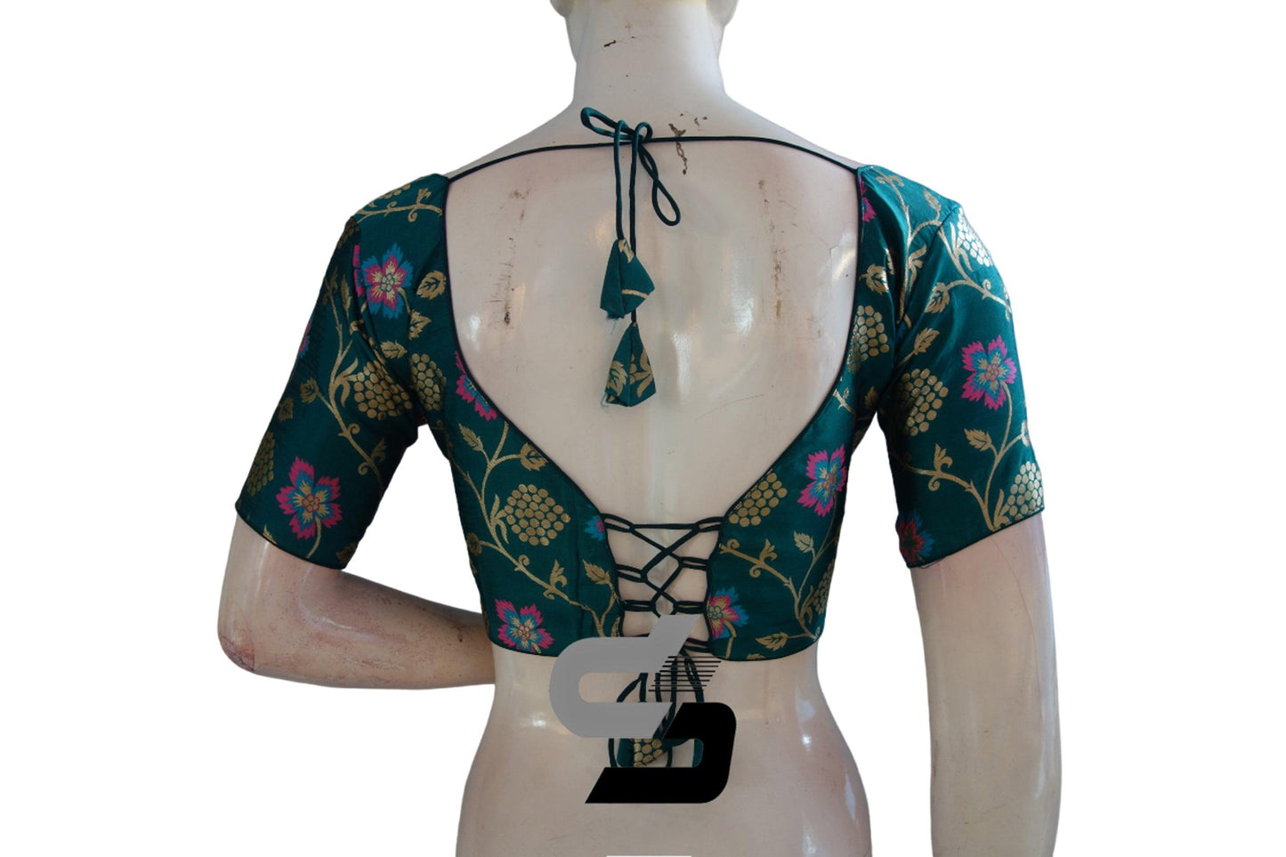 Indian Elegance: Teal Blue Color Banarasi Brocade silk Readymade saree blouse, Indian Readymade blouse, Crop top - D3blouses
