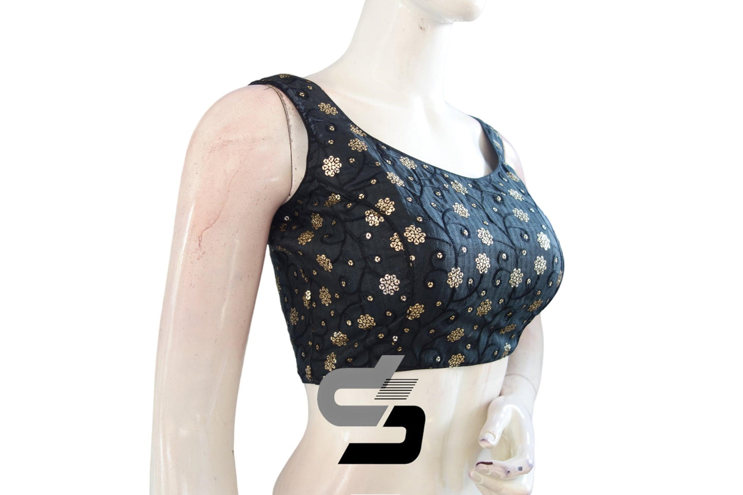 Sparkle and Style: Black Sequin Embroidered Readymade Saree Blouse with Mobile Pouch - D3blouses