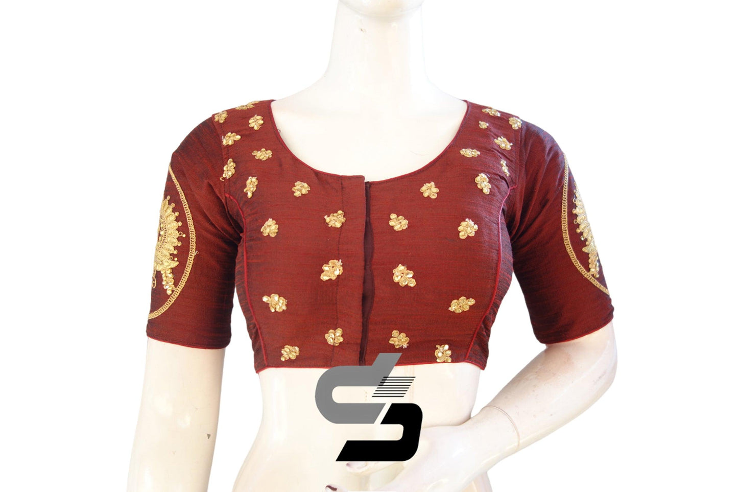 "Fashion Forward: Maroon Color High Neck Designer Semi Silk Saree Blouses with Embroidery" - D3blouses