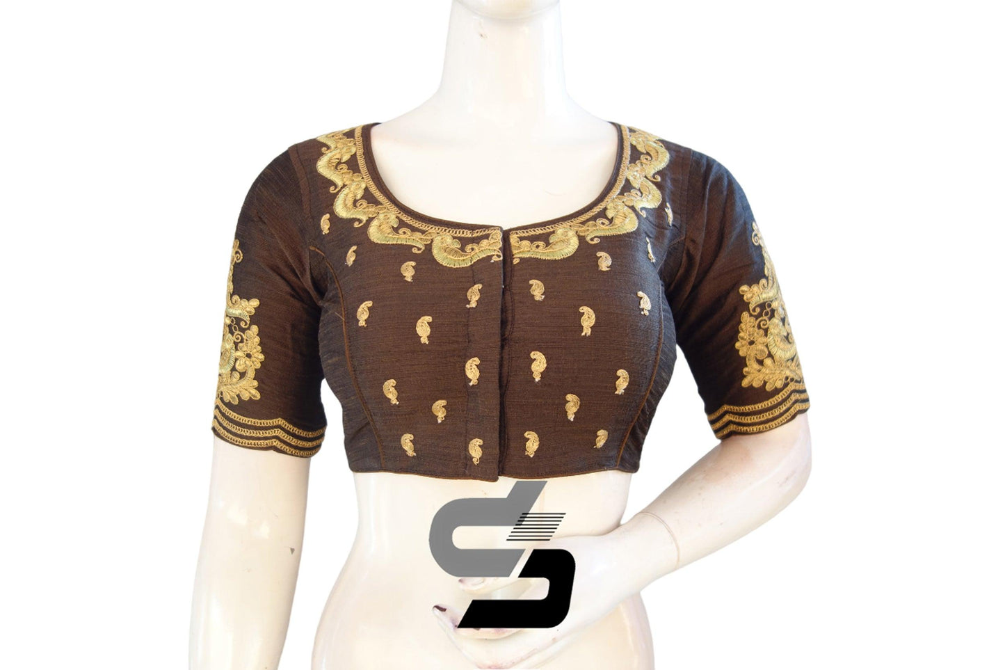 "Chic and Sophisticated: Brown Color High Neck Designer Semi Silk Readymade Saree Blouses" - D3blouses