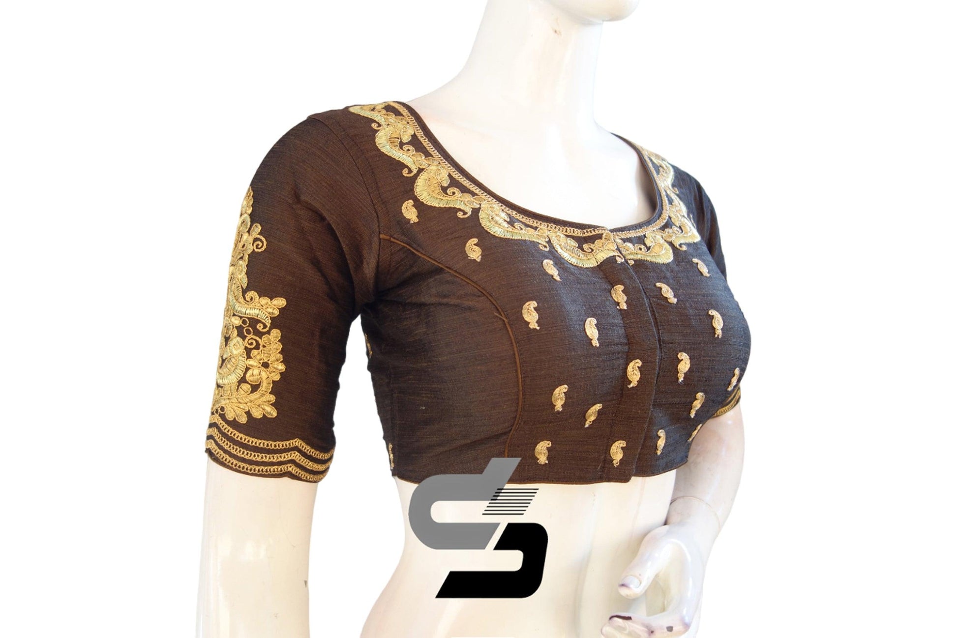 "Chic and Sophisticated: Brown Color High Neck Designer Semi Silk Readymade Saree Blouses" - D3blouses