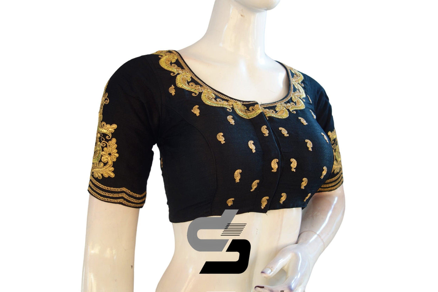 "Unleash Your Style: Black Color High Neck Designer Semi Silk Readymade Saree Blouses with Embroidery" - D3blouses