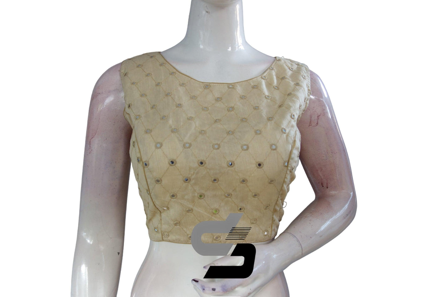 Light Gold Shade Sleeveless Semi Silk Foil Mirror Designer Readymade Blouse, Glamorous Party Wear - D3blouses