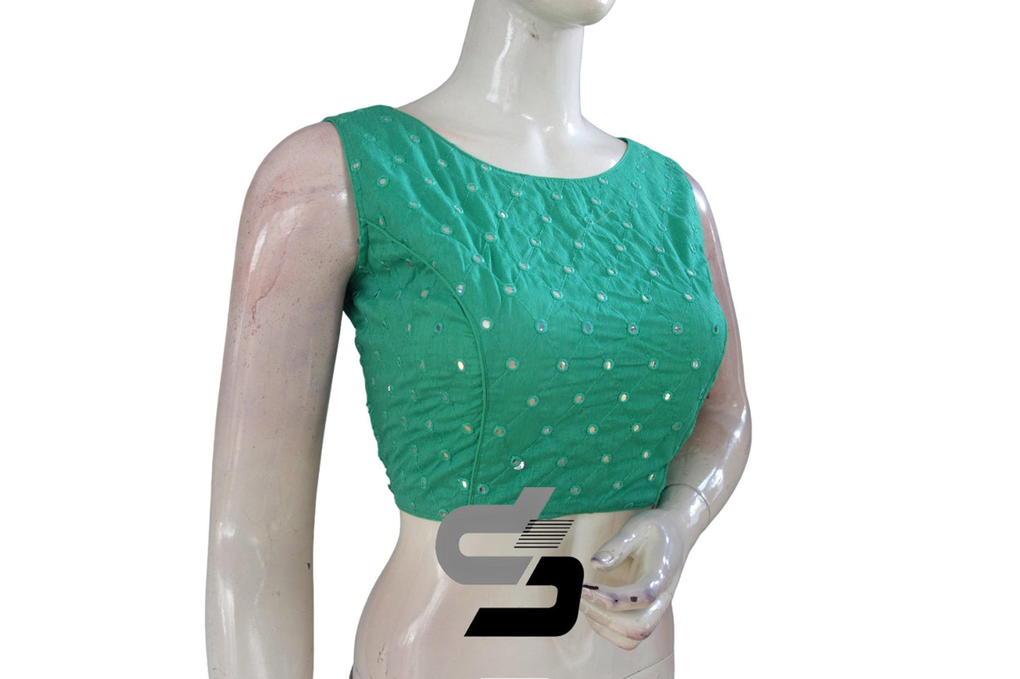 Teal Green Sleeveless Semi Silk Foil Mirror Readymade Blouse, Stunning Indian Crop Tops - D3blouses
