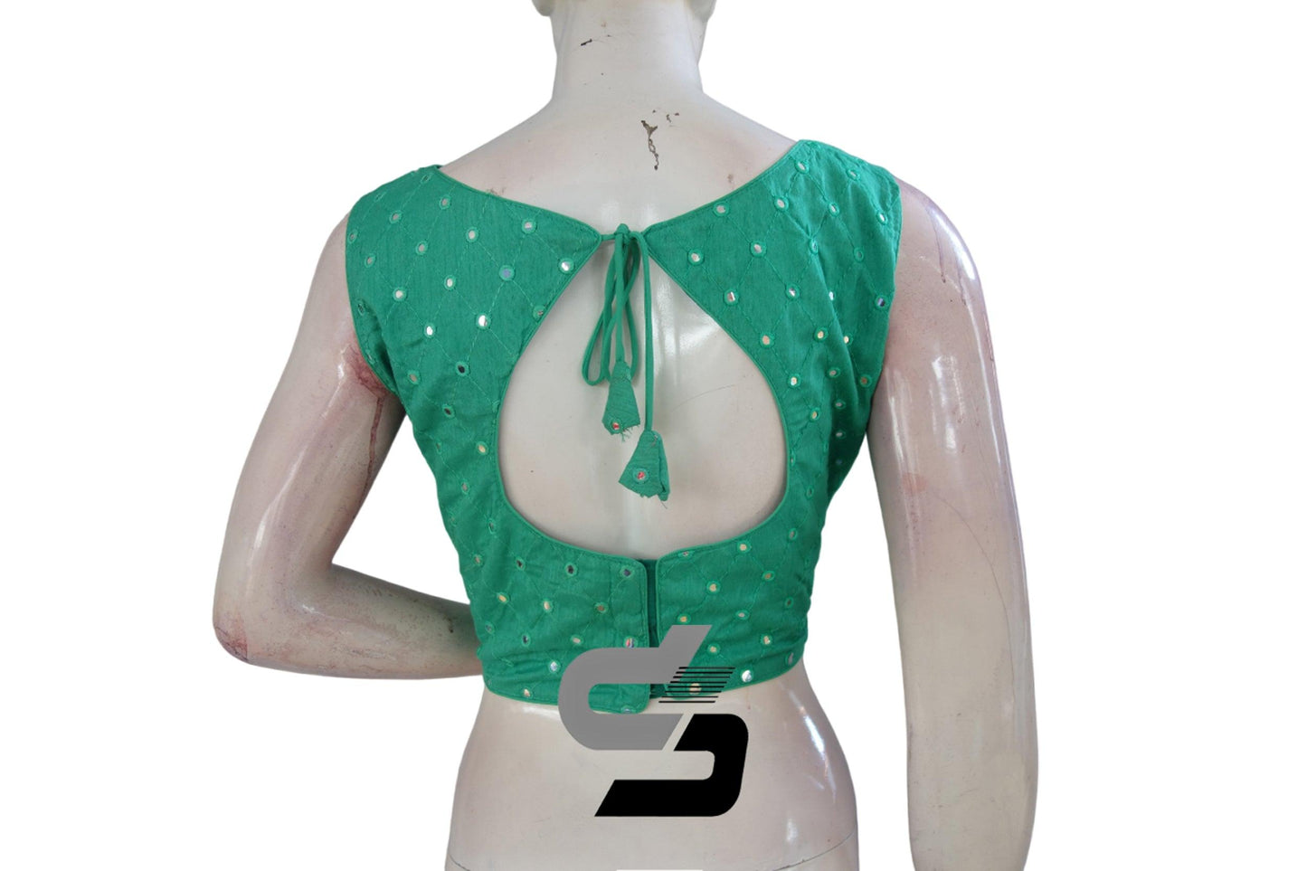 Teal Green Sleeveless Semi Silk Foil Mirror Readymade Blouse, Stunning Indian Crop Tops - D3blouses