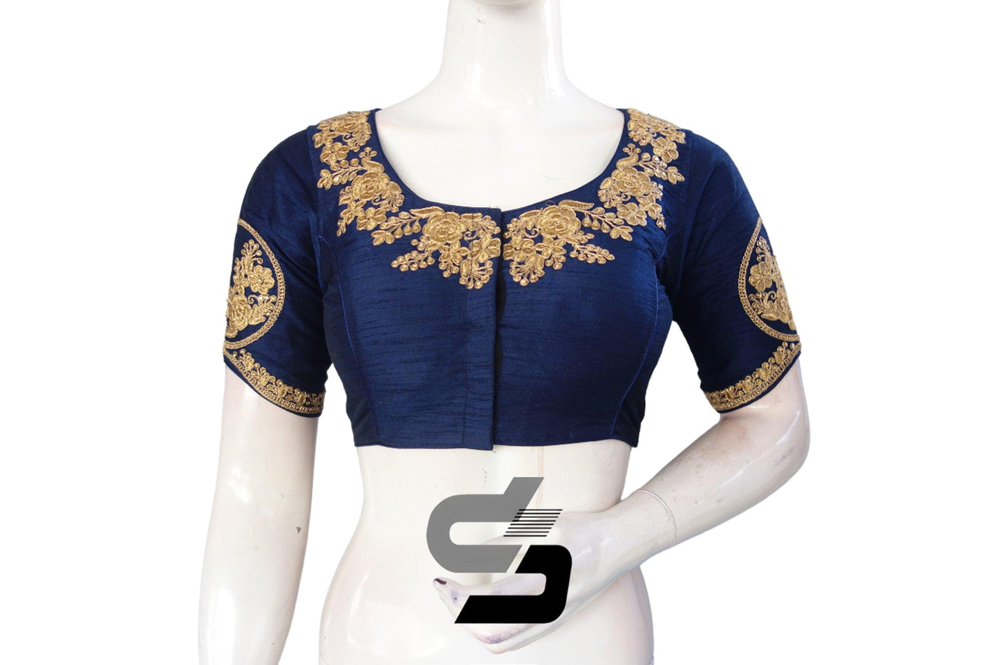 Navy Blue Color High Neck Designer Embroidery Readymade Saree Blouses, Break away from neutrals - D3blouses