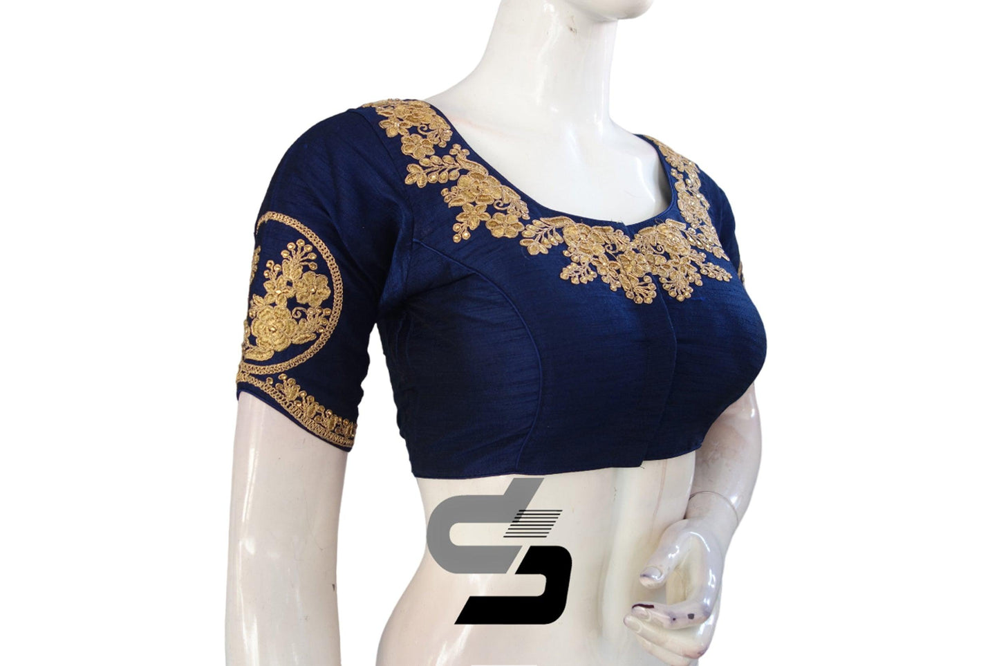 Navy Blue Color High Neck Designer Embroidery Readymade Saree Blouses, Break away from neutrals - D3blouses