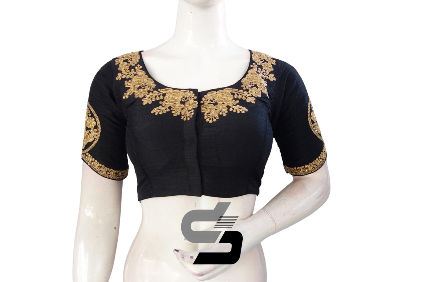 Black Color High Neck Designer Embroidery Readymade Saree Blouses, Elevate your look by incorporating a splash of vibrant hue. - D3blouses
