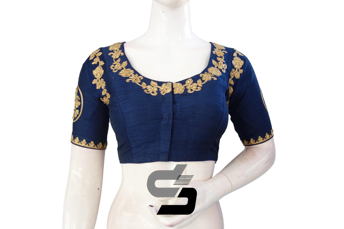 Navy Blue Color High Neck Designer Embroidery Readymade Saree Blouses, Vibrant pop of color that commands attention. - D3blouses