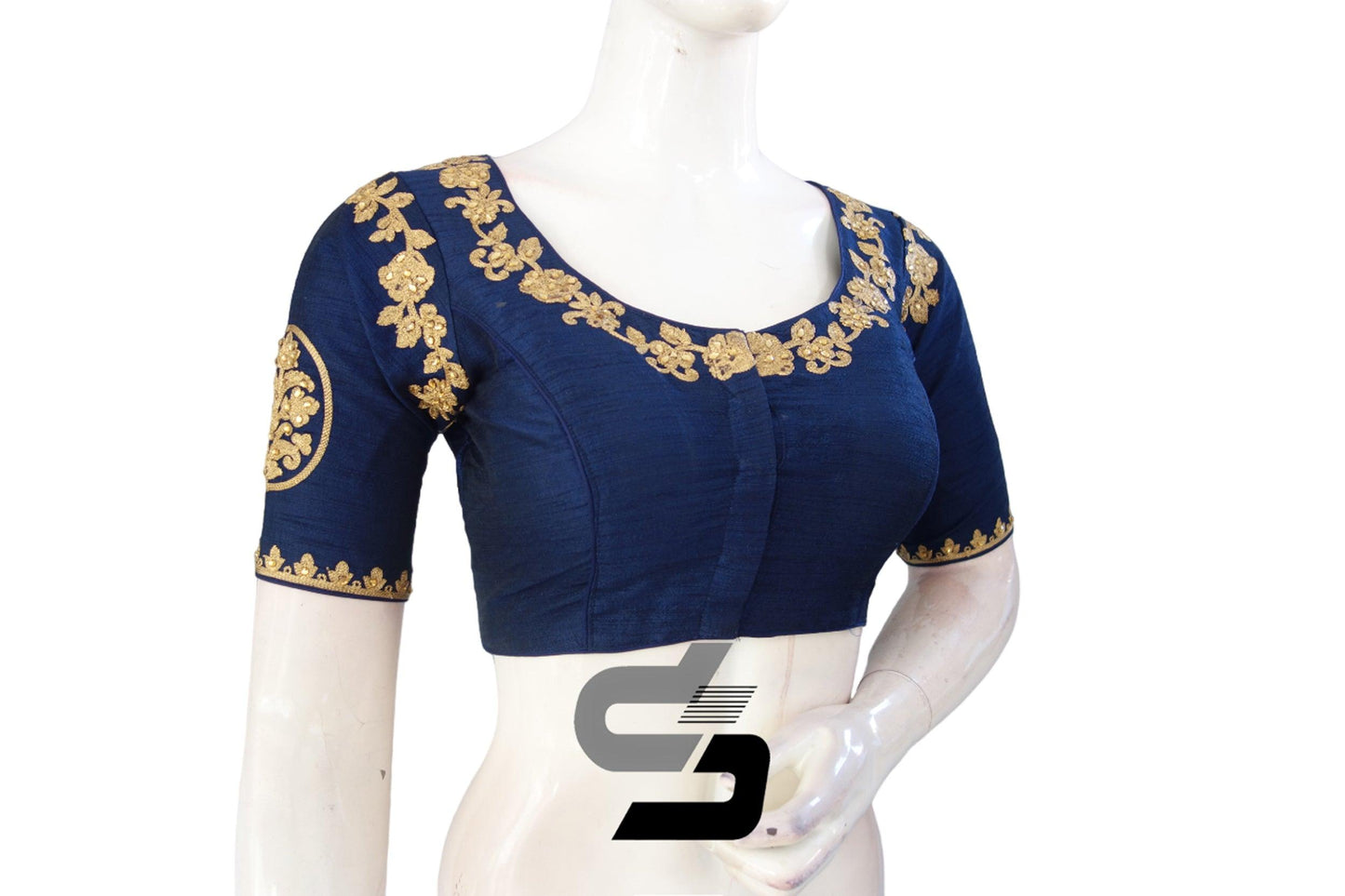 Navy Blue Color High Neck Designer Embroidery Readymade Saree Blouses, Vibrant pop of color that commands attention. - D3blouses