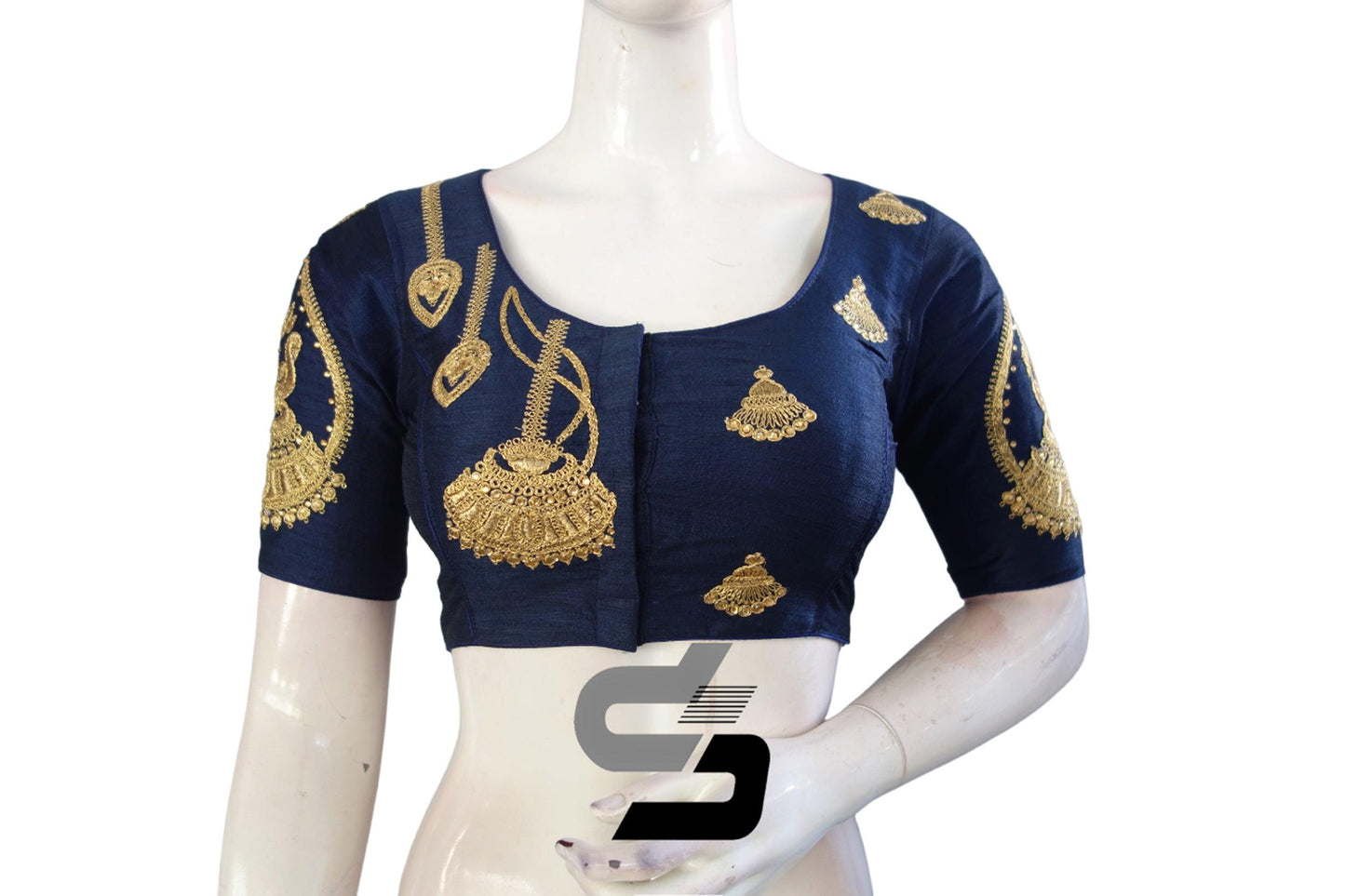 Navy Blue Color High Neck Designer Embroidery Readymade Saree Blouses, Bold and eye-catching appearance. - D3blouses