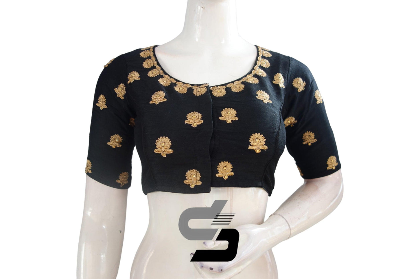 Black Color Semi Silk High Neck Embroidery Readymade Saree Blouse and Crop top - D3blouses