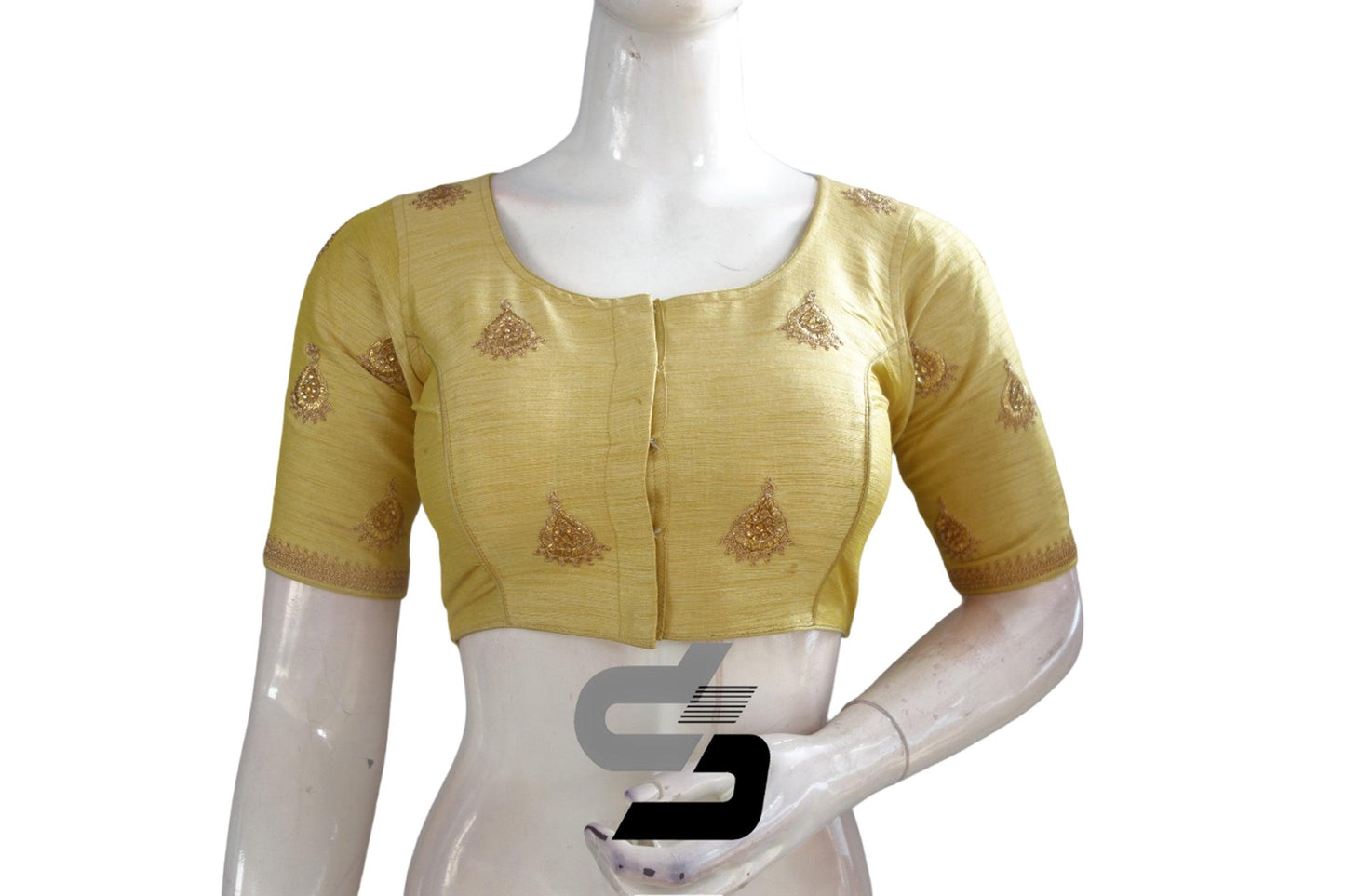 Gold Color Semi Silk High Neck Embroidery Readymade Saree Blouse and Crop top - D3blouses