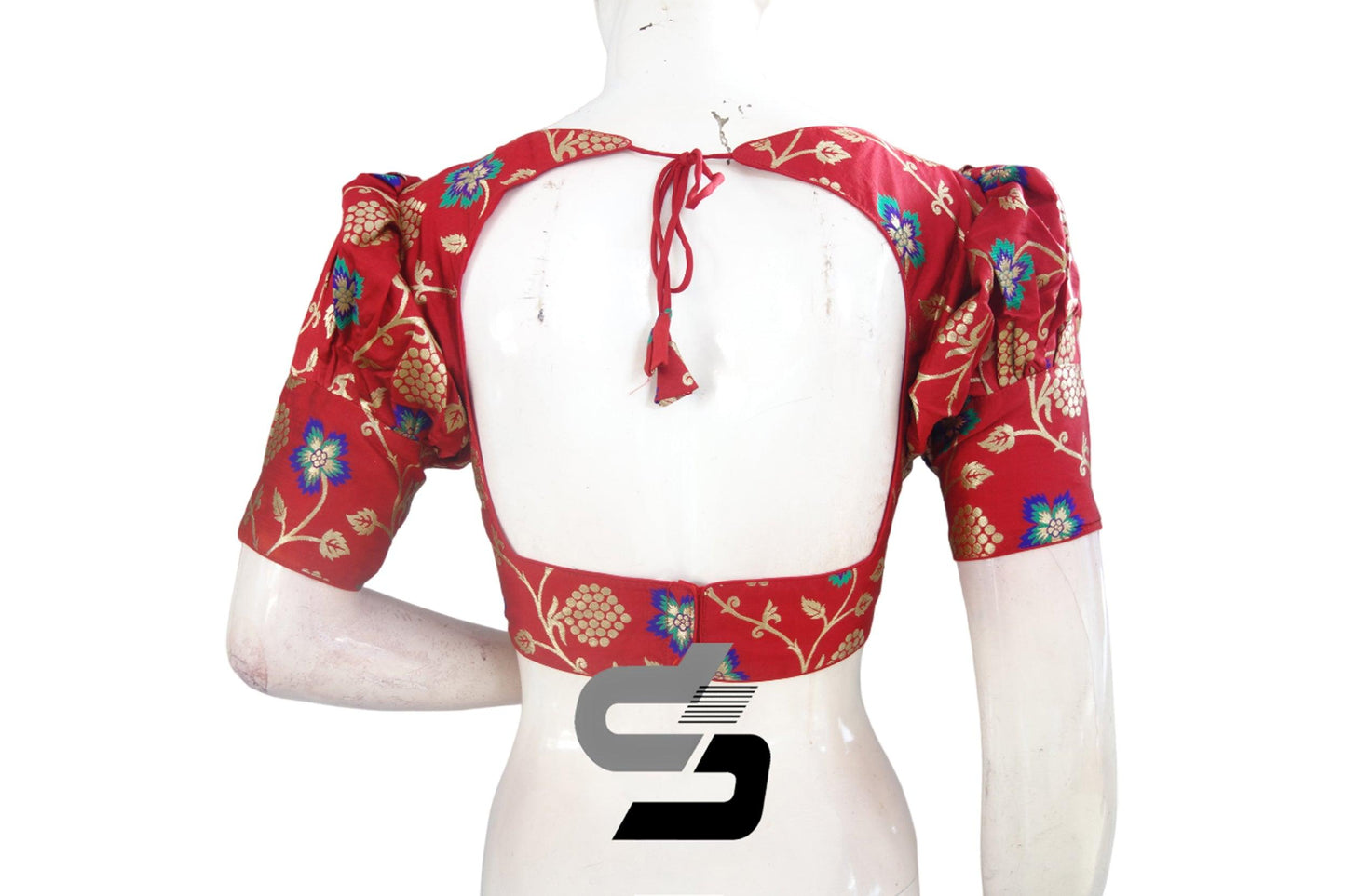 Red Color Banarasi Brocade silk Readymade saree blouse with Puff Sleeves, Indian Readymade blouse, Crop top, - D3blouses