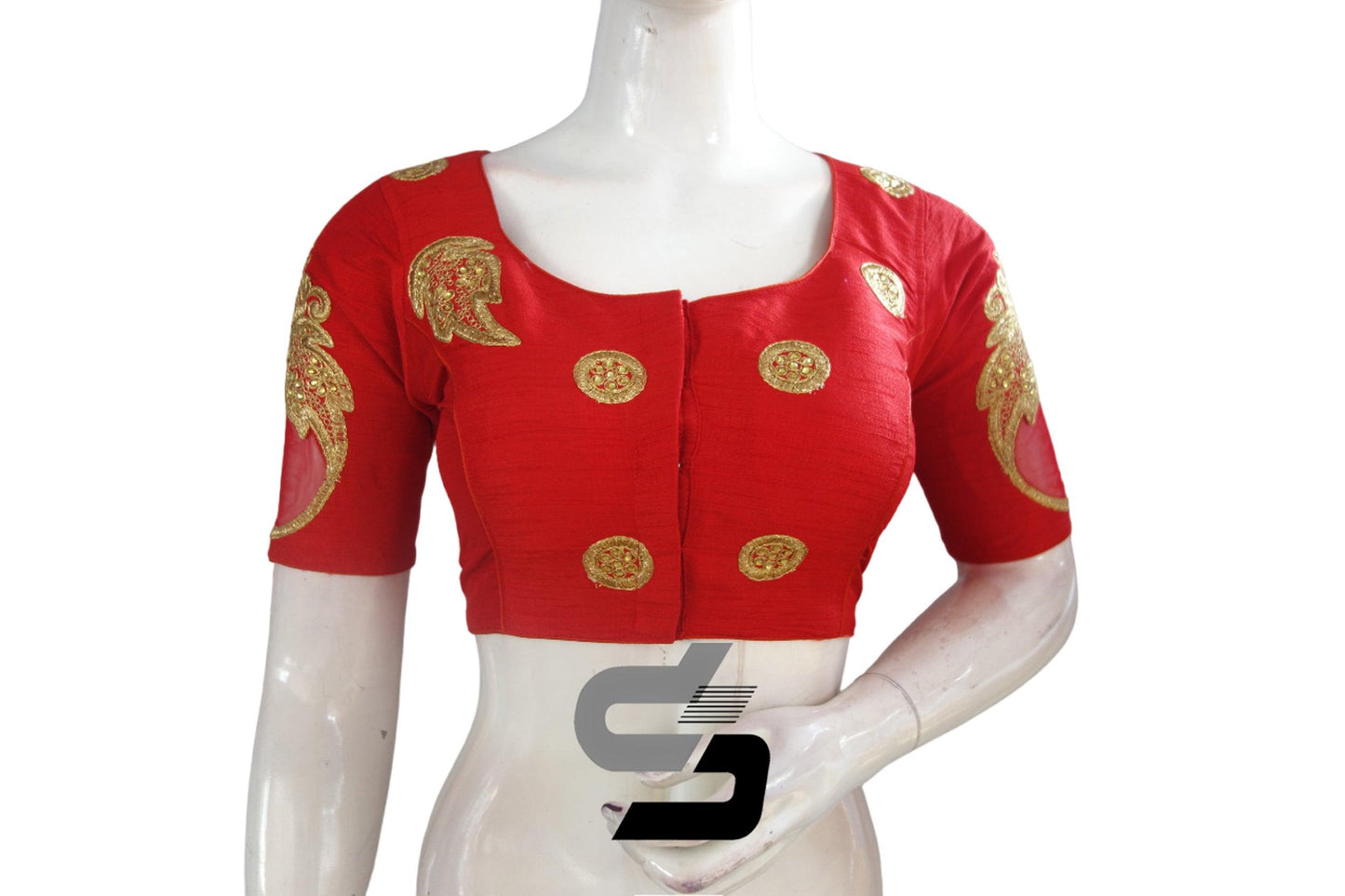 Red Color Designer Semi Silk High Neck Embroidery Readymade Saree Blouses and Crop top - D3blouses