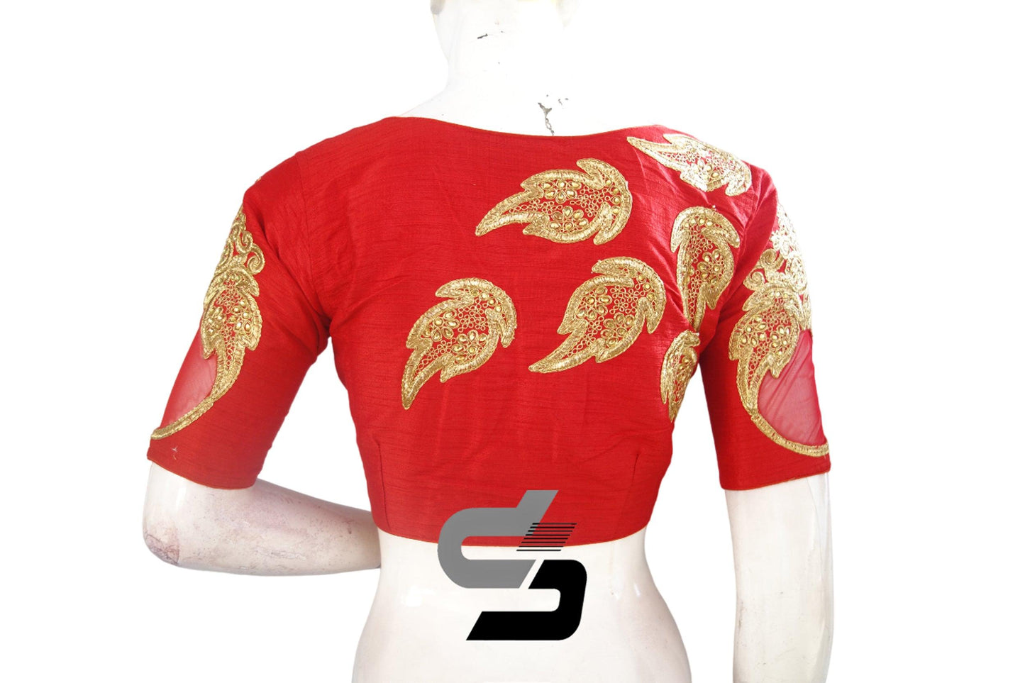 Red Color Designer Semi Silk High Neck Embroidery Readymade Saree Blouses and Crop top - D3blouses
