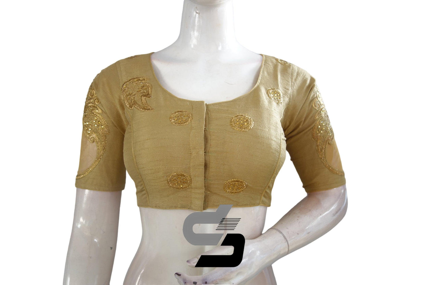 Gold Color Designer Semi Silk High Neck Embroidery Readymade Saree Blouses and Crop top - D3blouses