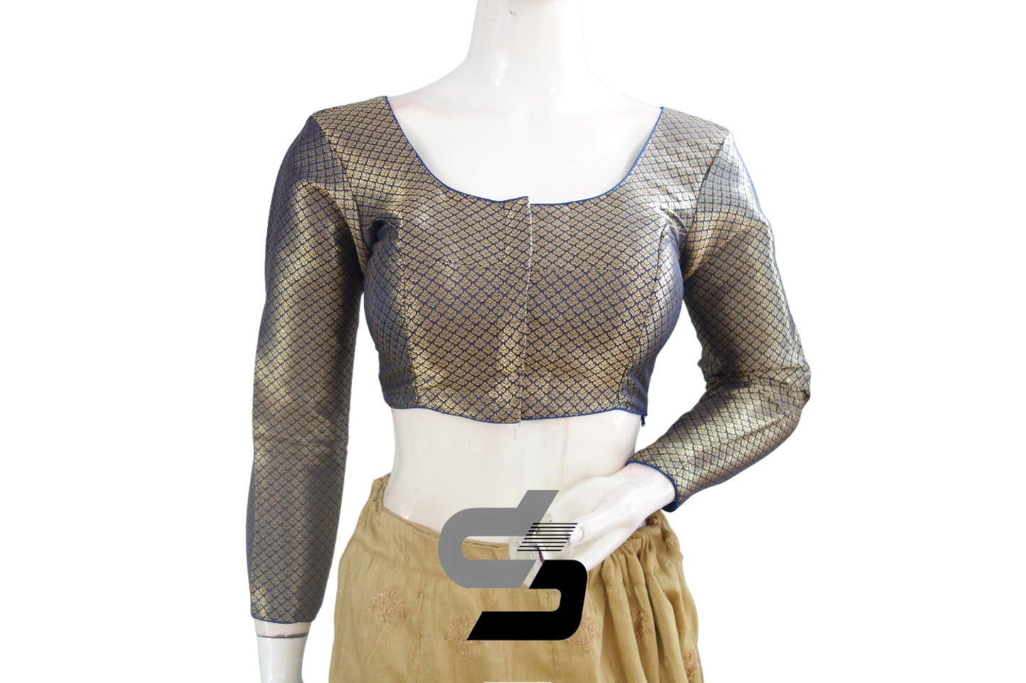 Navy Blue Premium Readymade Saree Blouses with Brocade Designer Bracelet Sleeves, Luxurious and Chic - D3blouses