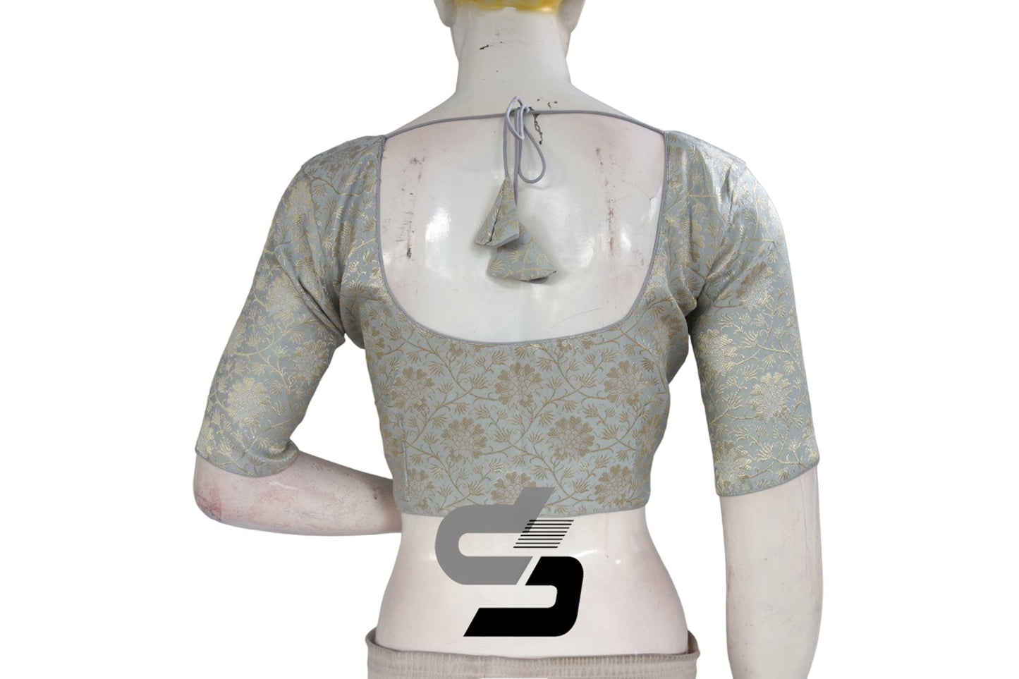 Grey Color Silver Mix Premium Brocade Silk Readymade Saree Blouse, Indian Readymade Blouse - D3blouses