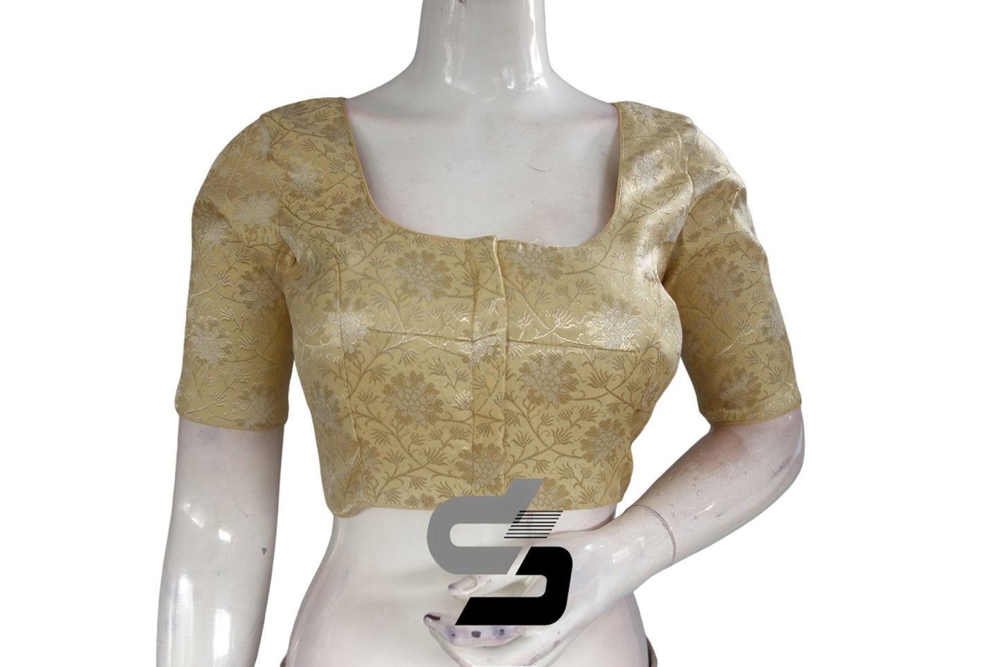 Gold Color Silver Mix Premium Brocade Silk Readymade Saree Blouse, Indian Readymade Blouse - D3blouses