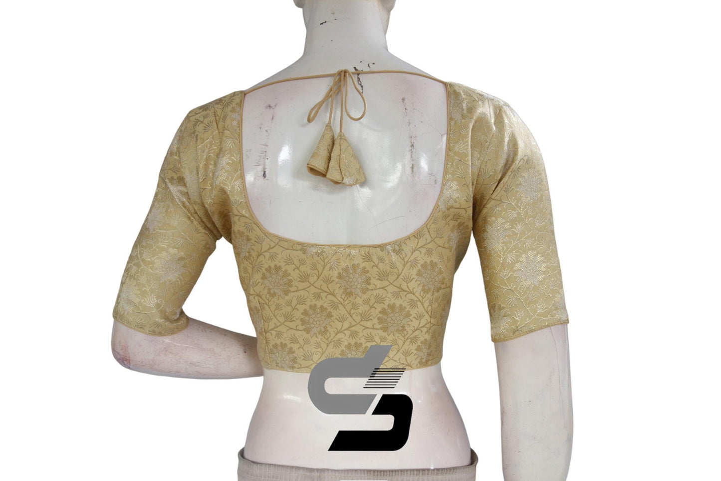 Gold Color Silver Mix Premium Brocade Silk Readymade Saree Blouse, Indian Readymade Blouse - D3blouses