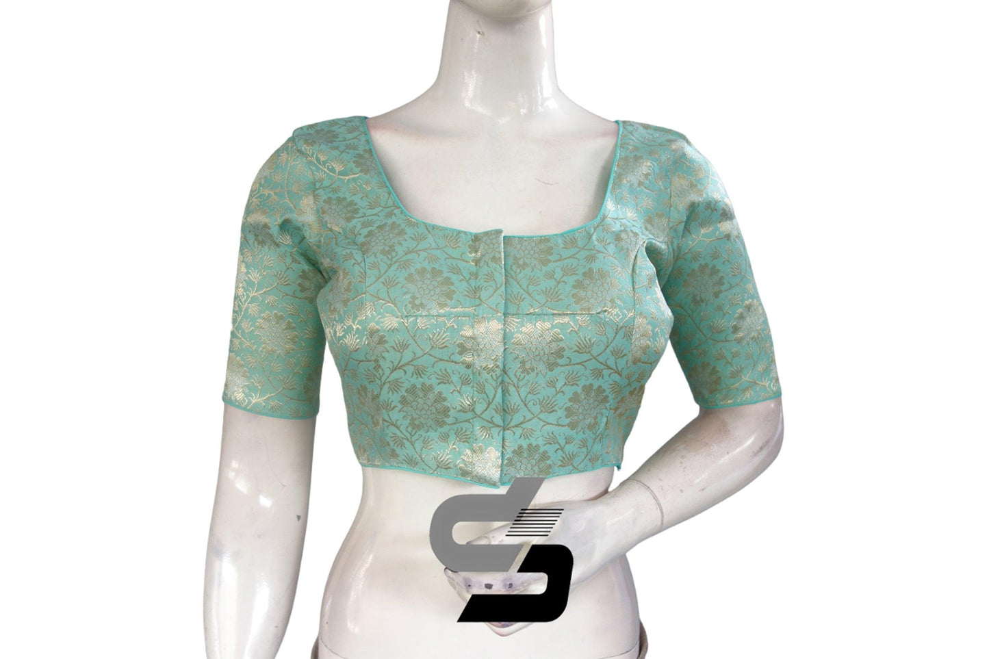 Pastel Green Color Silver Mix Premium Brocade Silk Readymade Saree Blouse, Indian Readymade Blouse - D3blouses