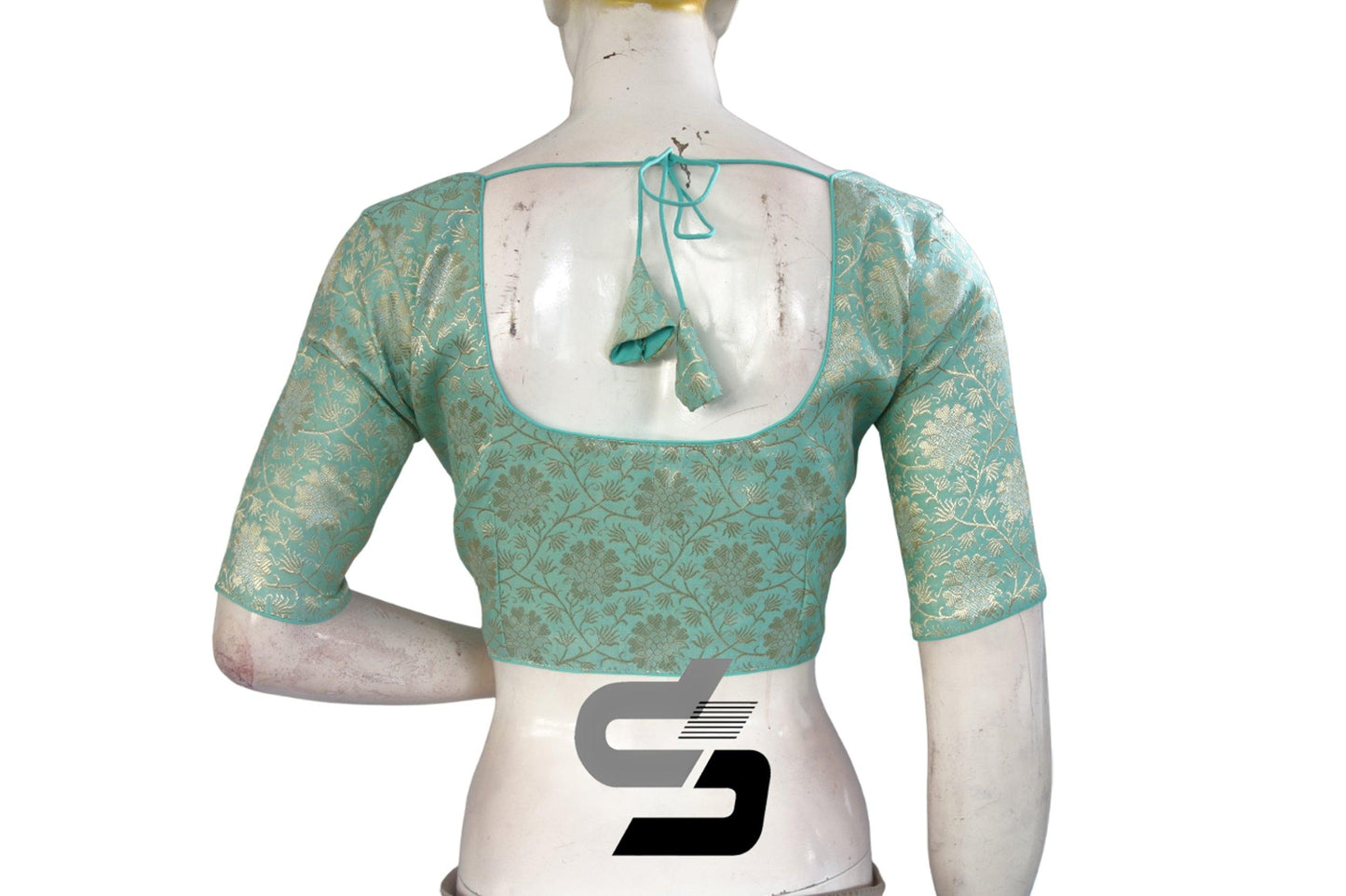 Pastel Green Color Silver Mix Premium Brocade Silk Readymade Saree Blouse, Indian Readymade Blouse - D3blouses