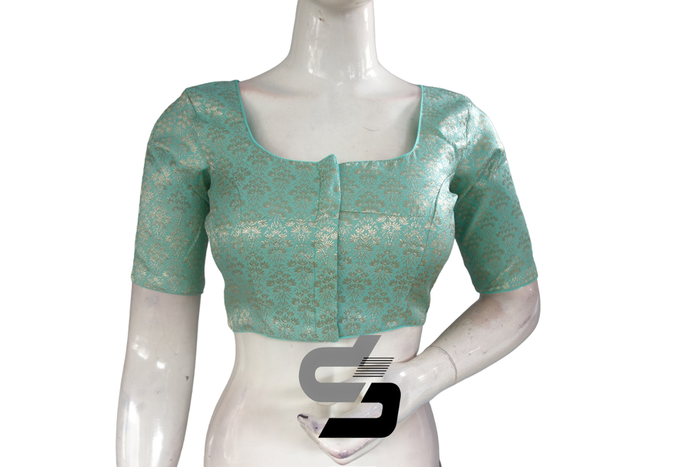 Pastel Green Color Silver Mix Premium Brocade Silk Readymade Saree Blouse, Indian Readymade Blouse
