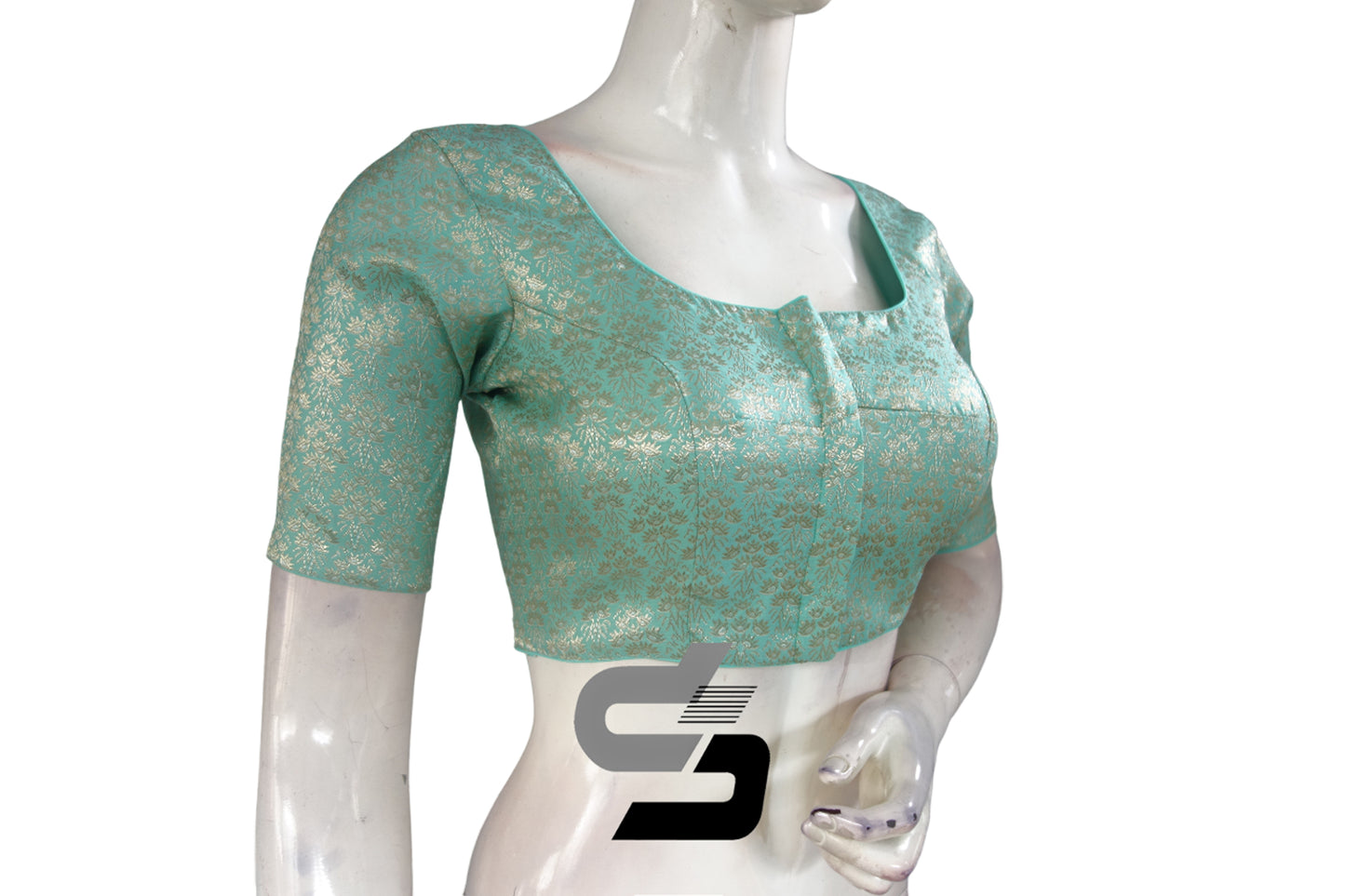 Pastel Green Color Silver Mix Premium Brocade Silk Readymade Saree Blouse, Indian Readymade Blouse