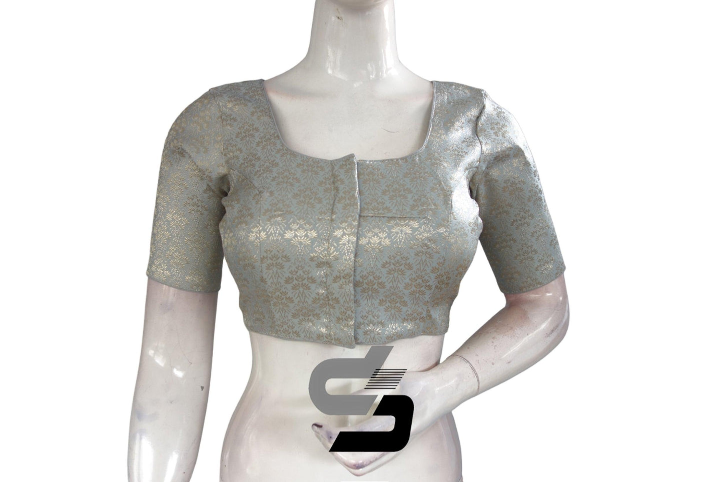 Grey Color Silver Mix Premium Brocade Silk Readymade Saree Blouse, Indian Readymade Blouse