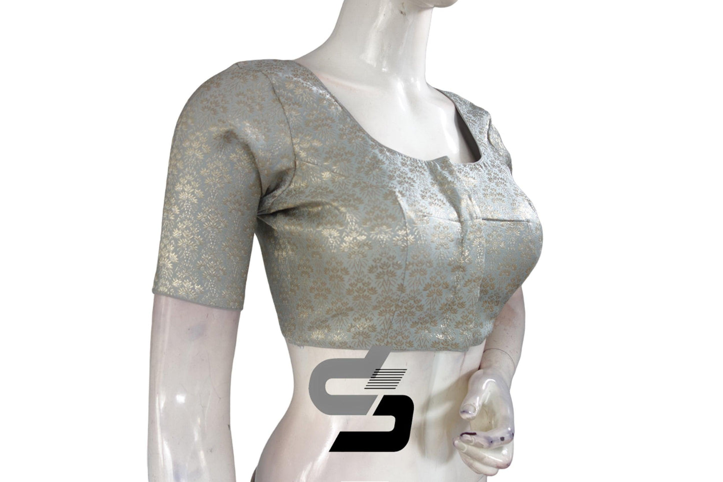 Grey Color Silver Mix Premium Brocade Silk Readymade Saree Blouse, Indian Readymade Blouse