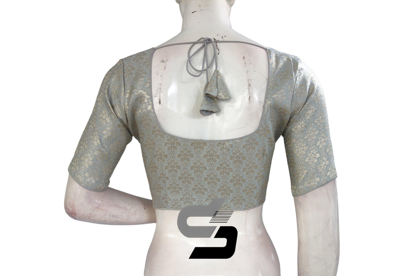 Grey Color Silver Mix Premium Brocade Silk Readymade Saree Blouse, Indian Readymade Blouse