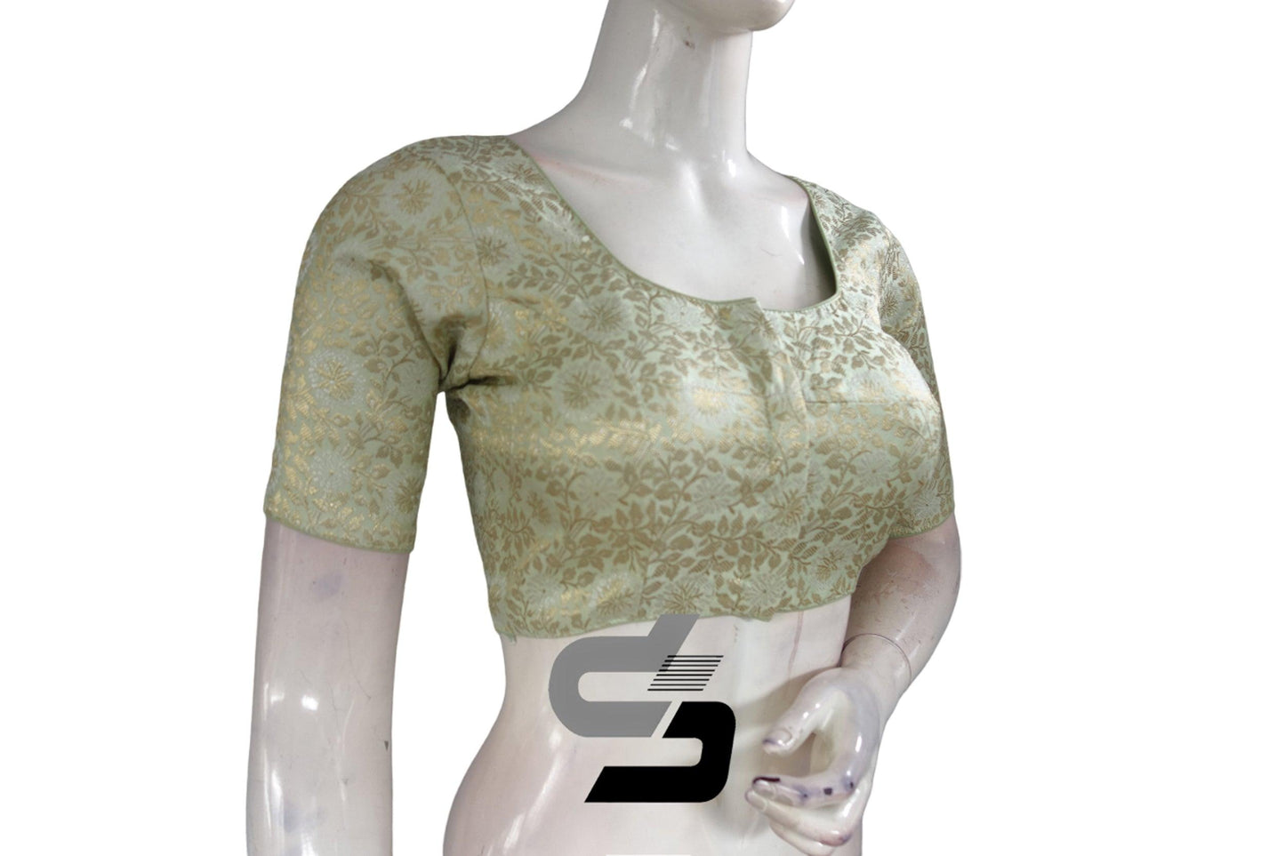 Pastel Green Color Silver Mix Premium Brocade Silk Readymade Saree Blouse, Indian Readymade Blouse