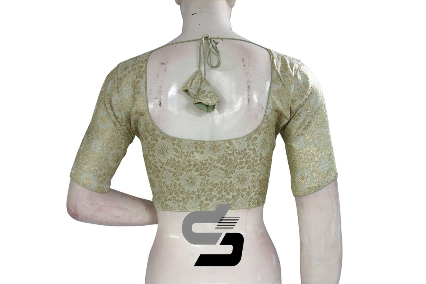 Pastel Green Color Silver Mix Premium Brocade Silk Readymade Saree Blouse, Indian Readymade Blouse