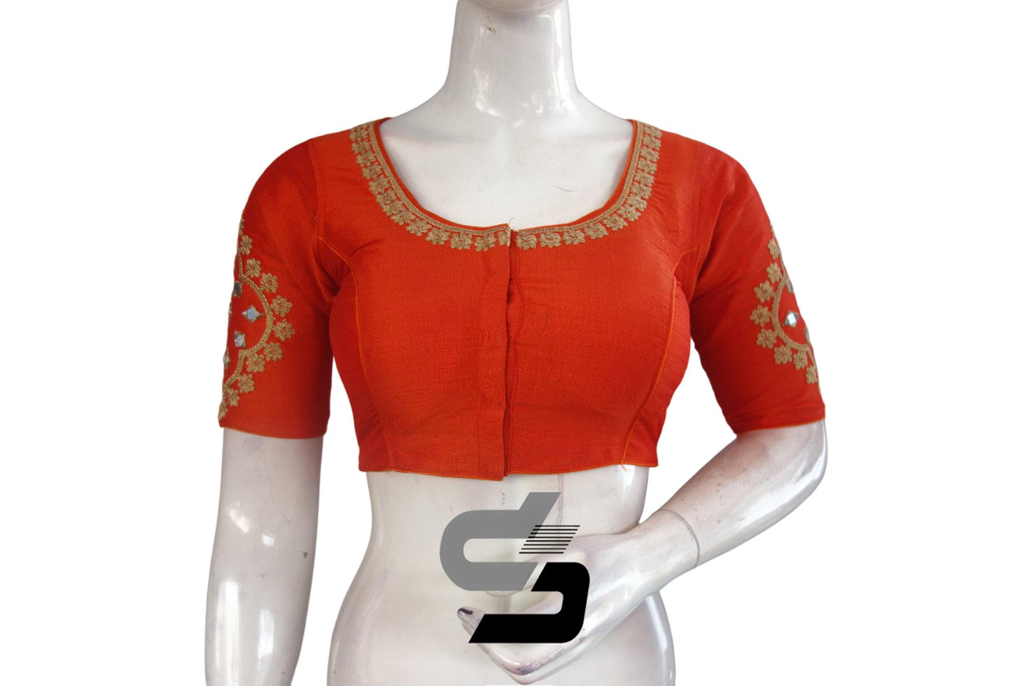 Chic Orange High Neck Embroidered Saree Blouses - Elegant Ethnic Charm
