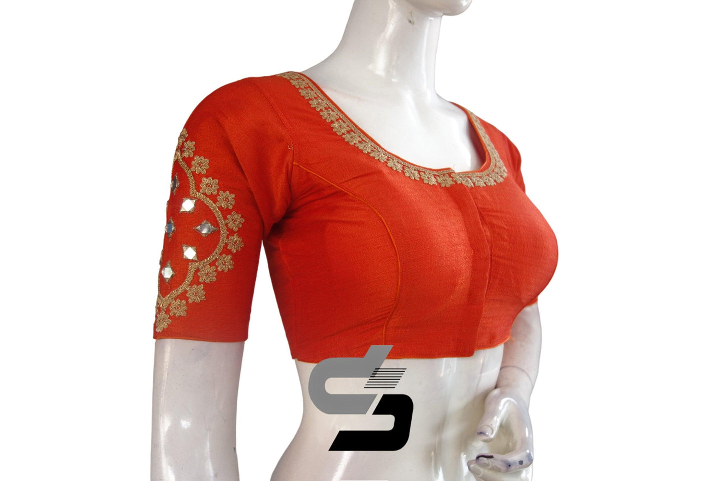 Chic Orange High Neck Designer Embroidery Saree Blouses - Elegant Ethnic Elegance