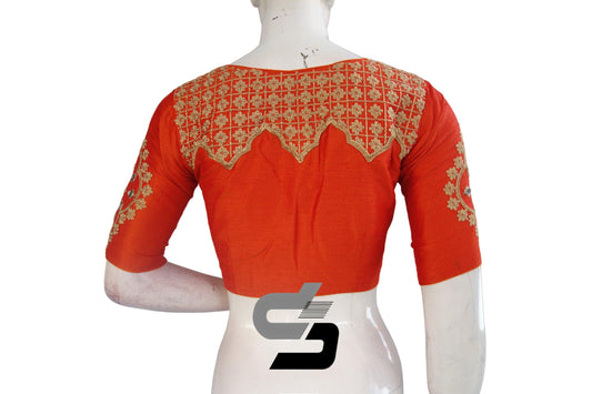 Chic Orange High Neck Designer Embroidery Saree Blouses - Elegant Ethnic Elegance